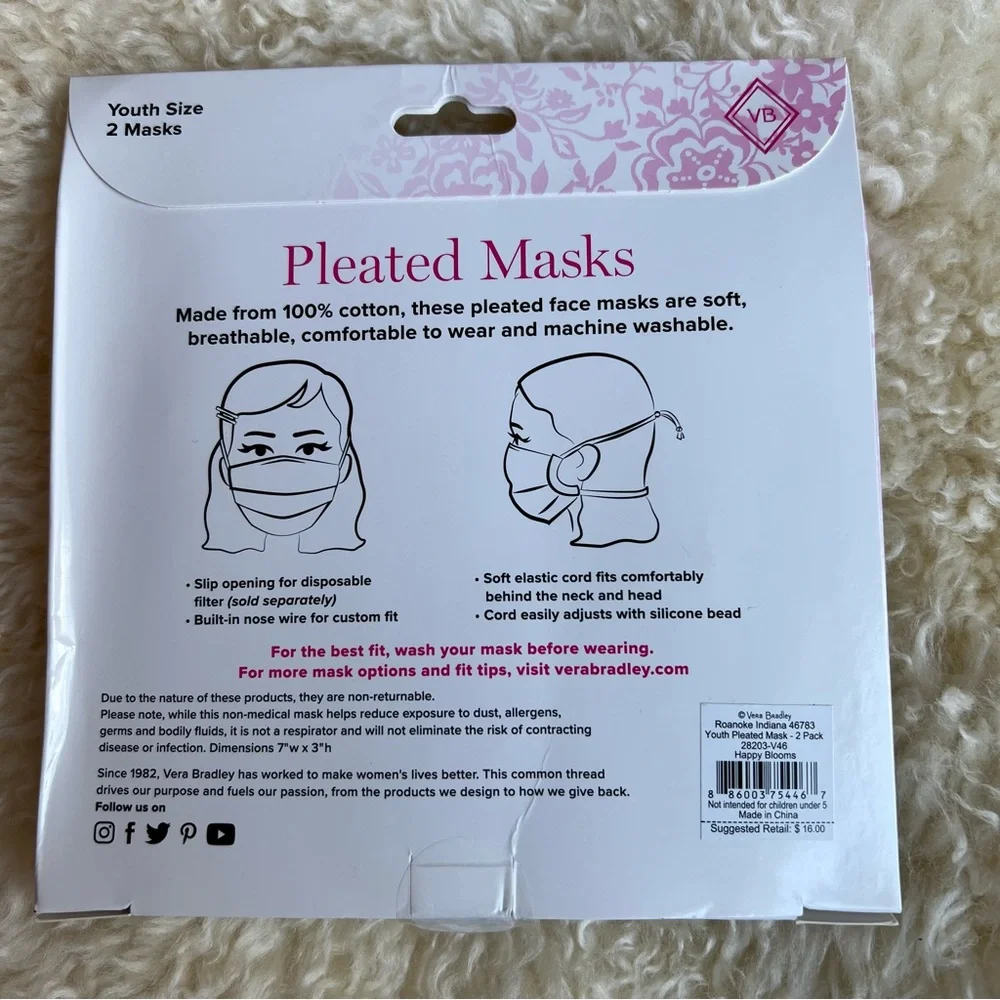 NWT Vera Bradley Youth Pleated Face Mask 2 pack in Happy Blooms